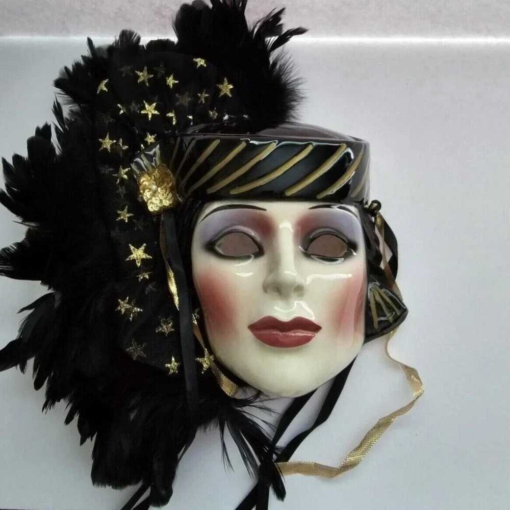 Vintage Ceramic Masquerade Wall Mask Black Gold Stars Feathers Art‎ Deco Style